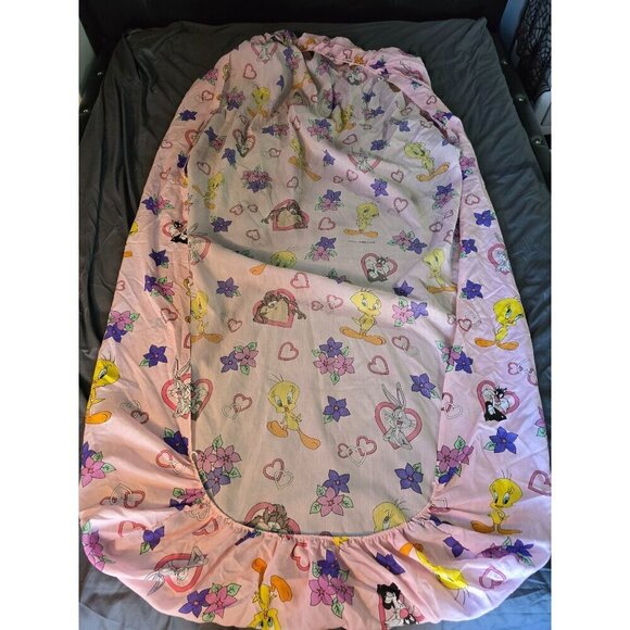 Vintage 90s 1996 Looney Tunes Pink Hearts Valentines Twin Sheet Set Tweety Tasma - Picture 2 of 16
